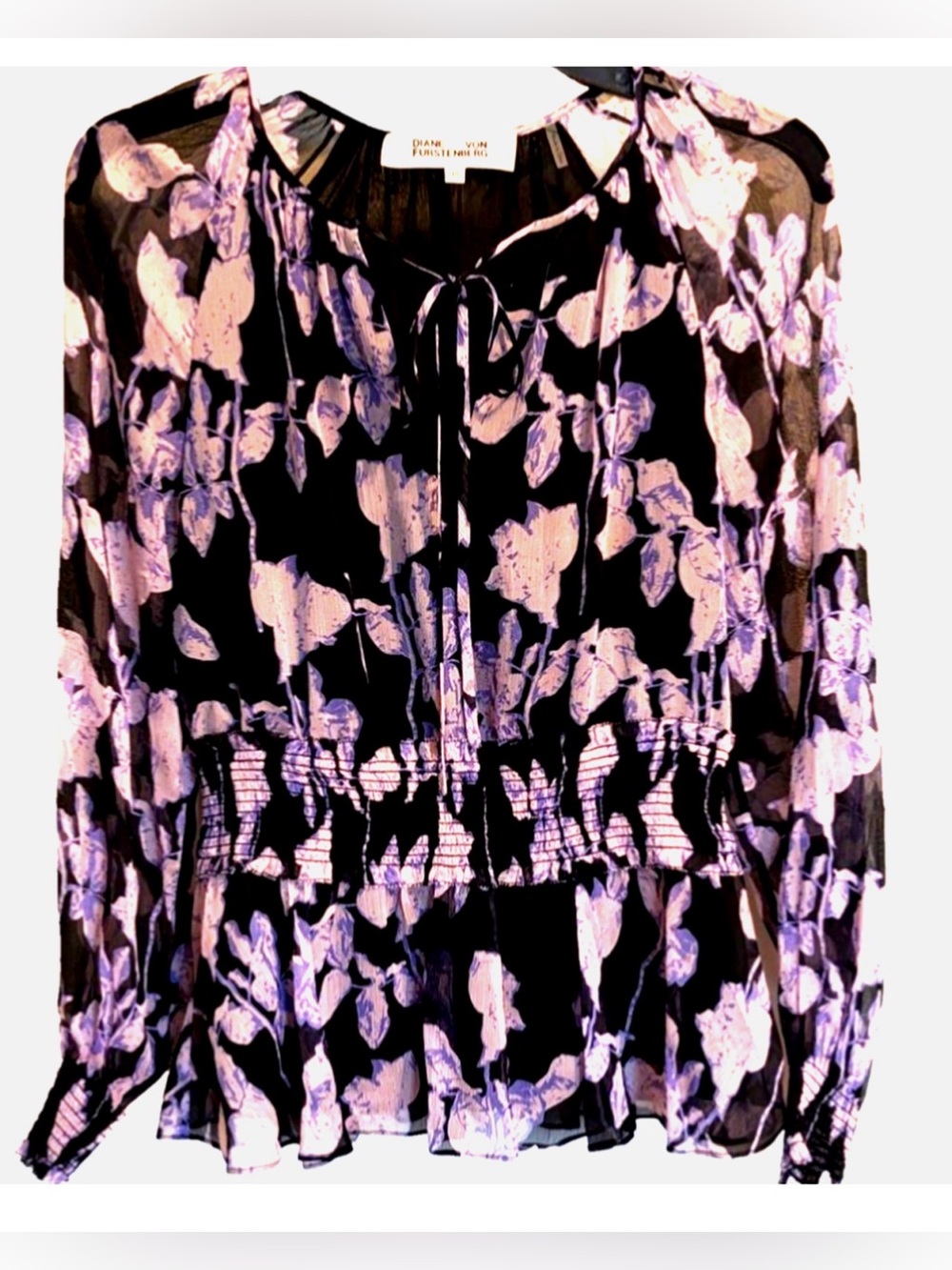 Diane von Furstenberg DVF 100% Silk Floral Blouse XS Smocked Peasant Boho